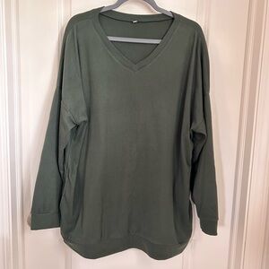 Olive Green V-Neck Fleece Sweatshirt